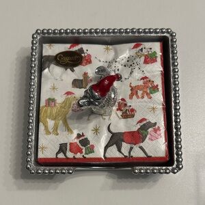 Mariposa Silver Sitting Lab with Red Hat Napkin Holder and Holiday Dog Napkins